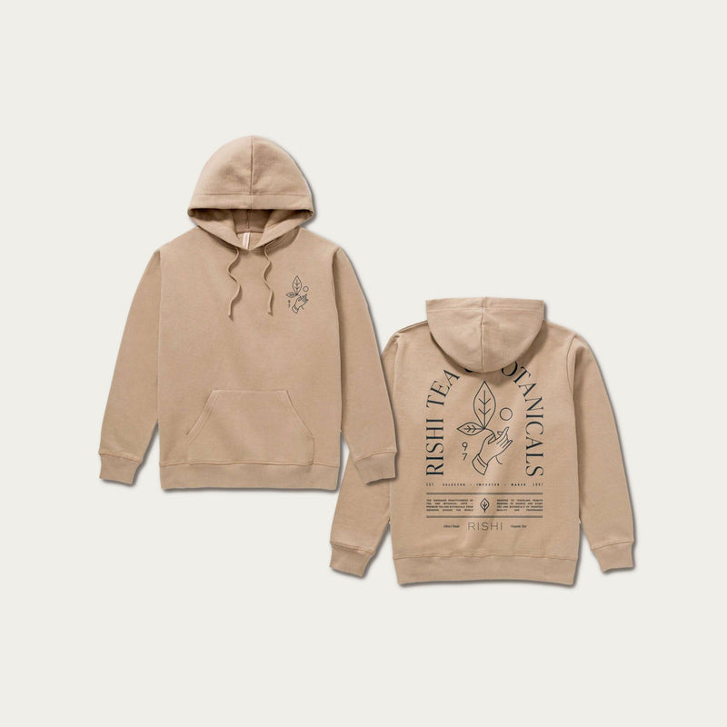 The Rishi Everyday Hoodie - Tan from Rishi Tea & Botanicals features front and back views. The front displays a small leaf design, while the back showcases text and illustrations related to a tea botanical theme. This ultra-soft, unisex hoodie is made from organic cotton fleece, offering both comfort and sustainability.